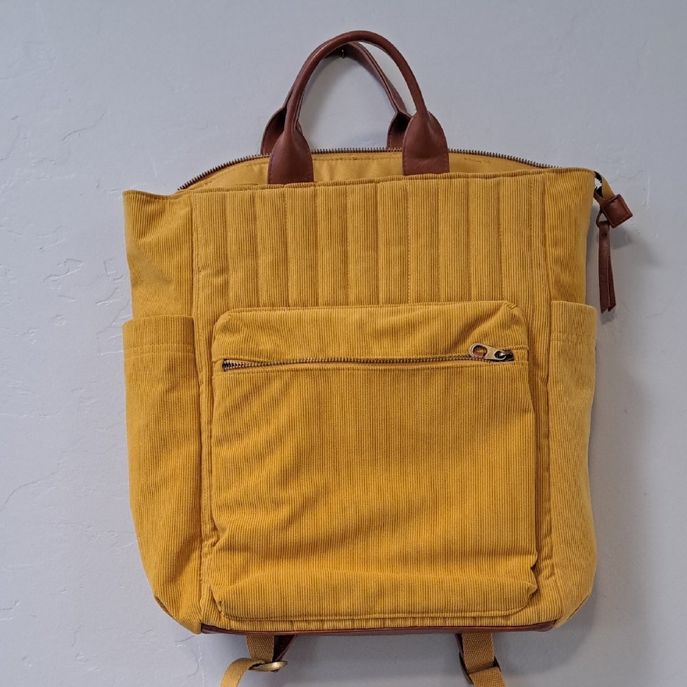 Stylish Yellow Corduroy Backpack Tote with Brown Trim and room for laptop. NEW!